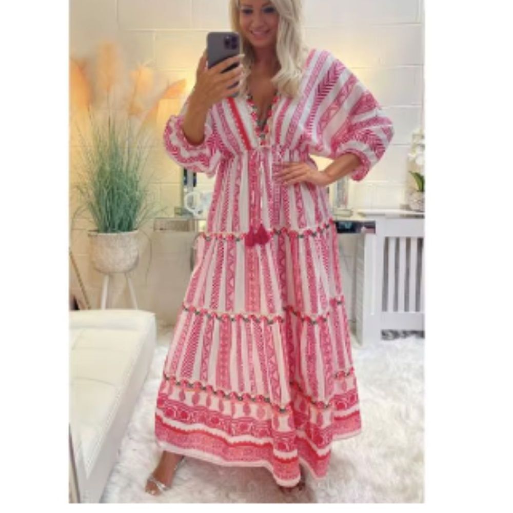Sumitra Pink White Floral Crochet Striped V-Neck Tiered Maxi Dress Free Size